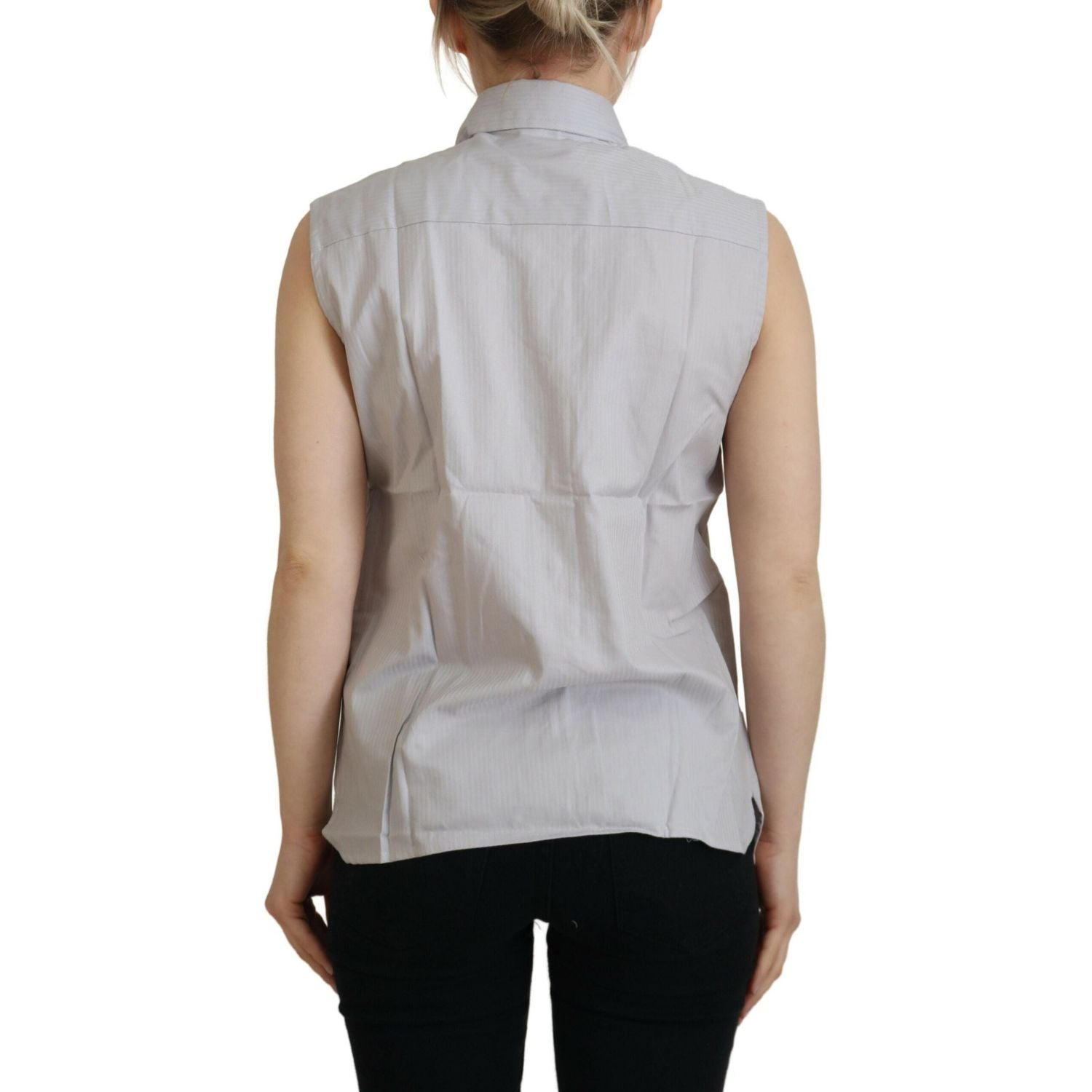 Ferre Light Gray Stripes Cotton Sleeveless Collared Top