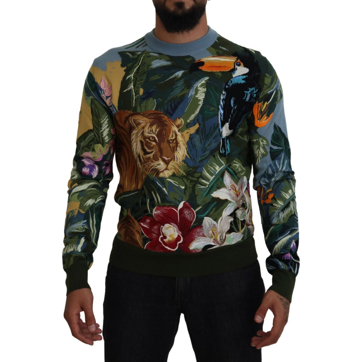 Dolce & Gabbana Multicolor Jungle Wool Pullover Logo Sweater TSH83952-50