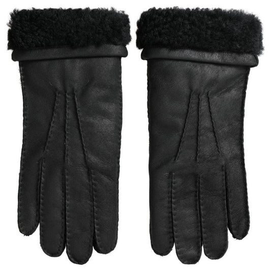Dolce & Gabbana Black Leather Fur Short Hands Mitten Men Gloves