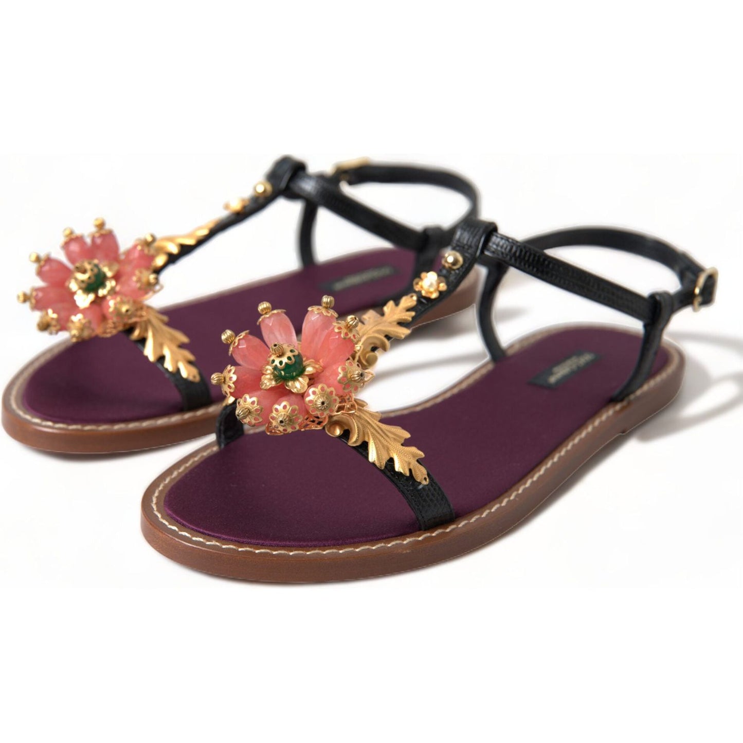 Dolce & Gabbana Black Crystal Gold Sandals Leather Shoes LA10367-35