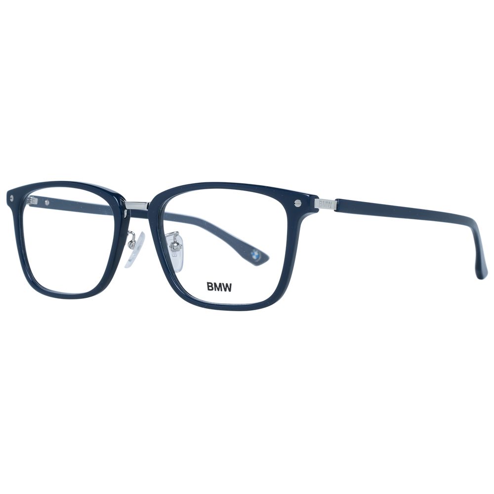 BMW Blue Men Glasses Frame in full-rim plastic with demo lenses, rectangle style, size 55-19-145, branded case included.