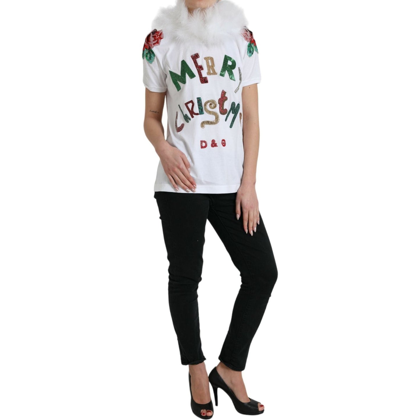 Dolce & Gabbana White Cotton Christmas Sequin Fur T-shirt