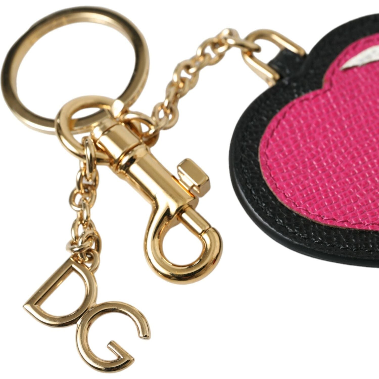Dolce & Gabbana Pink Black Heart Leather Gold Tone Brass Keyring Keychain