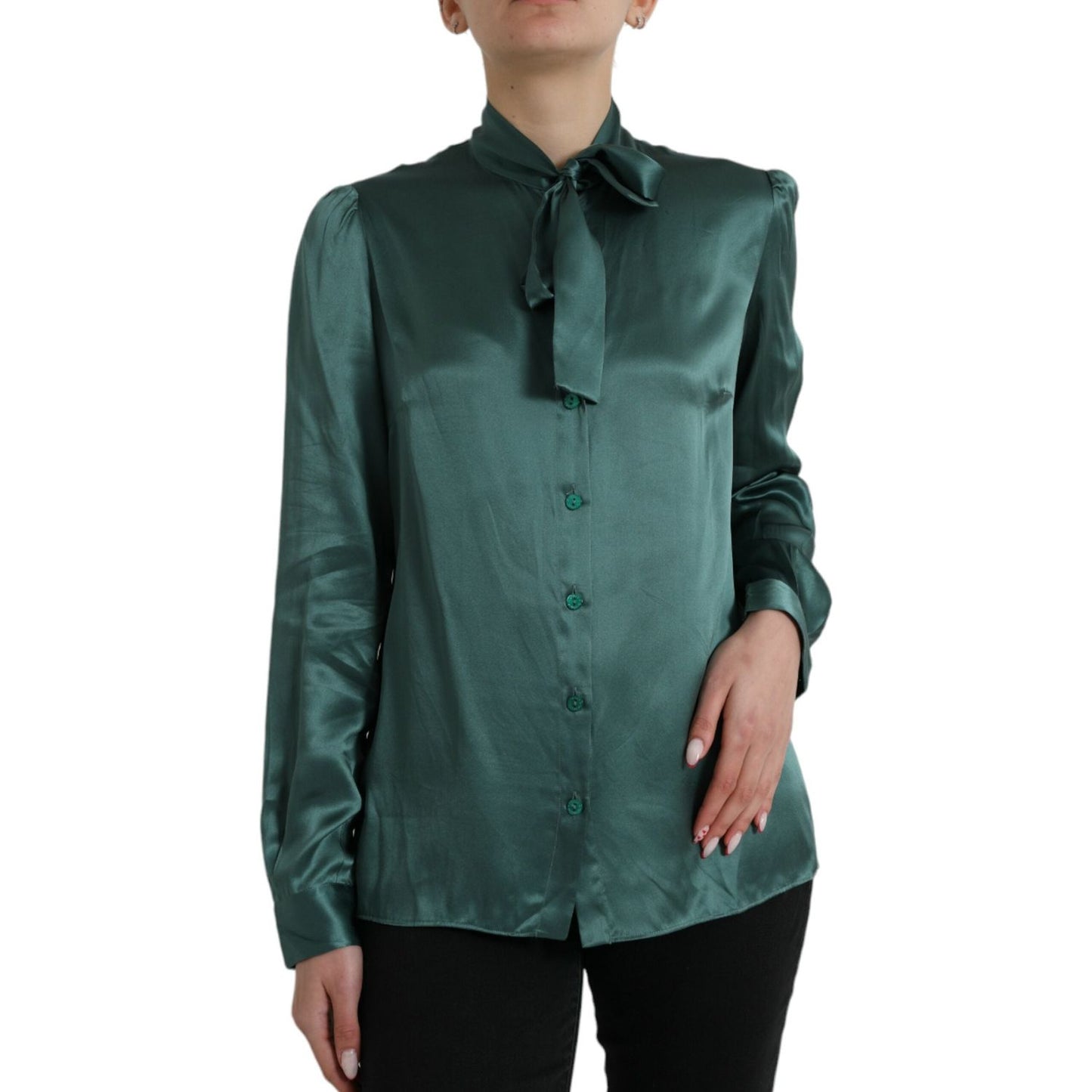 Dolce & Gabbana Dark Green Silk Ascot Collar Blouse Top TSH84794-46