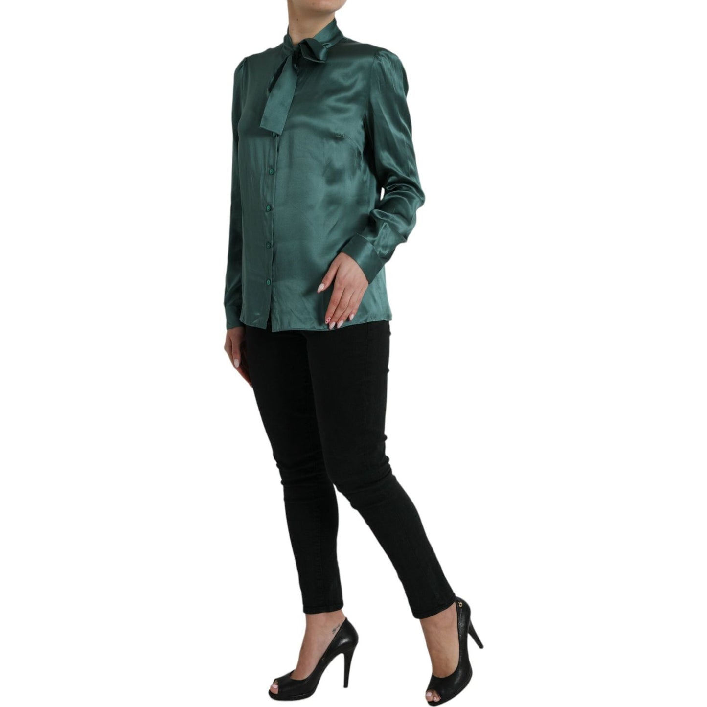 Dolce & Gabbana Dark Green Silk Ascot Collar Blouse Top TSH84794-46