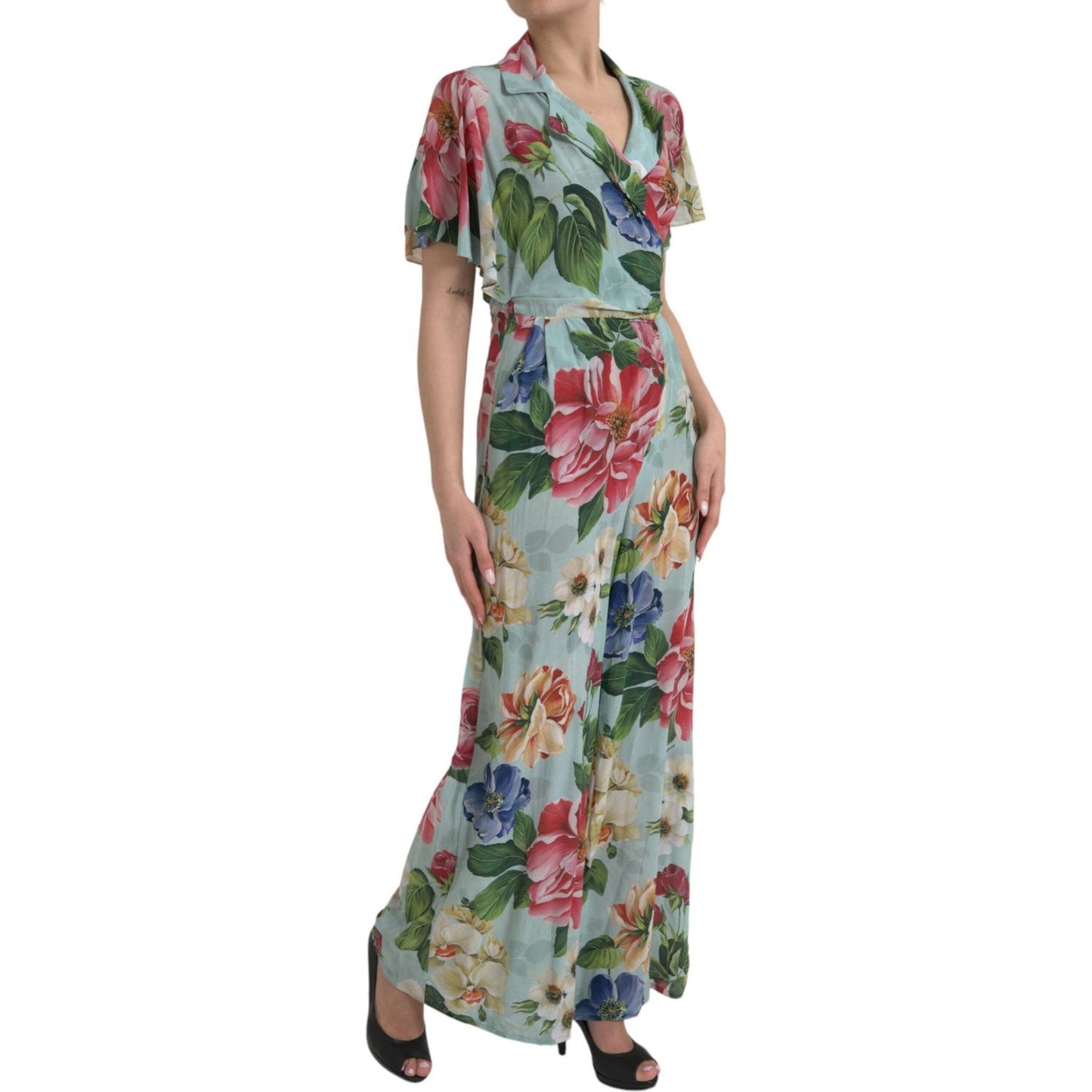 Dolce & Gabbana Blue Floral Wide Leg Wrap Jumpsuit Dress
