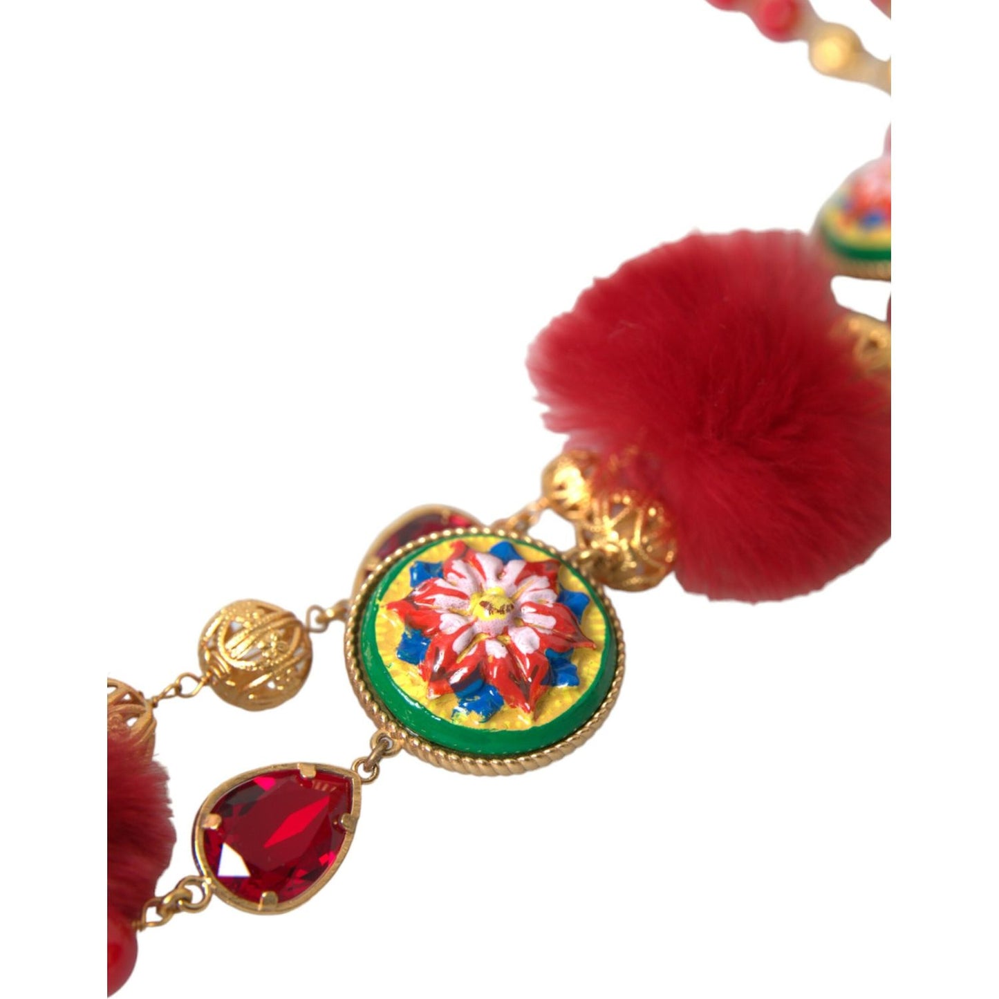 Dolce & Gabbana Gold Brass Red Fur Crystal Carretto Chain Necklace SMY101365