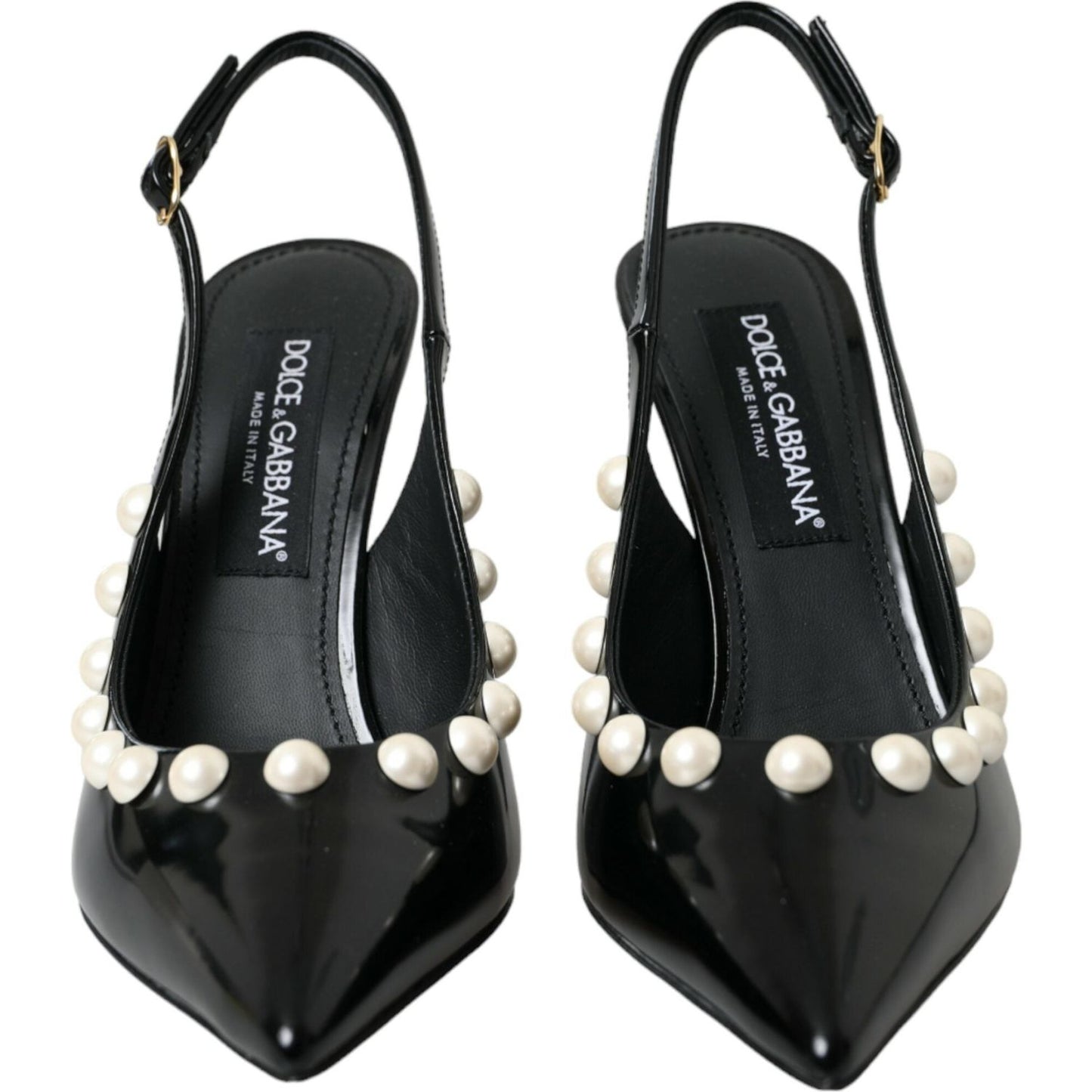 Dolce & Gabbana Black Leather Faux Pearl Heel Slingback Shoes LA10617-40