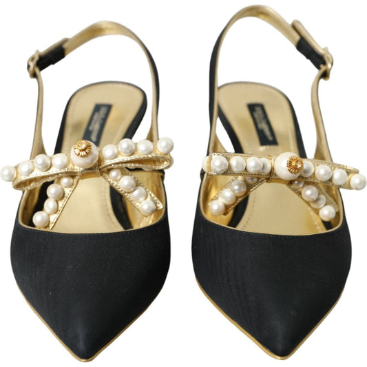 Dolce & Gabbana Black Leather Faux Pearls Slingbacks Shoes Dolce & Gabbana Tan