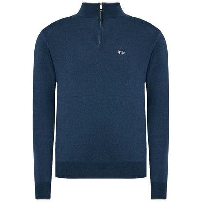 La Martina Blue Wool Men Sweater with Half Zip Closure