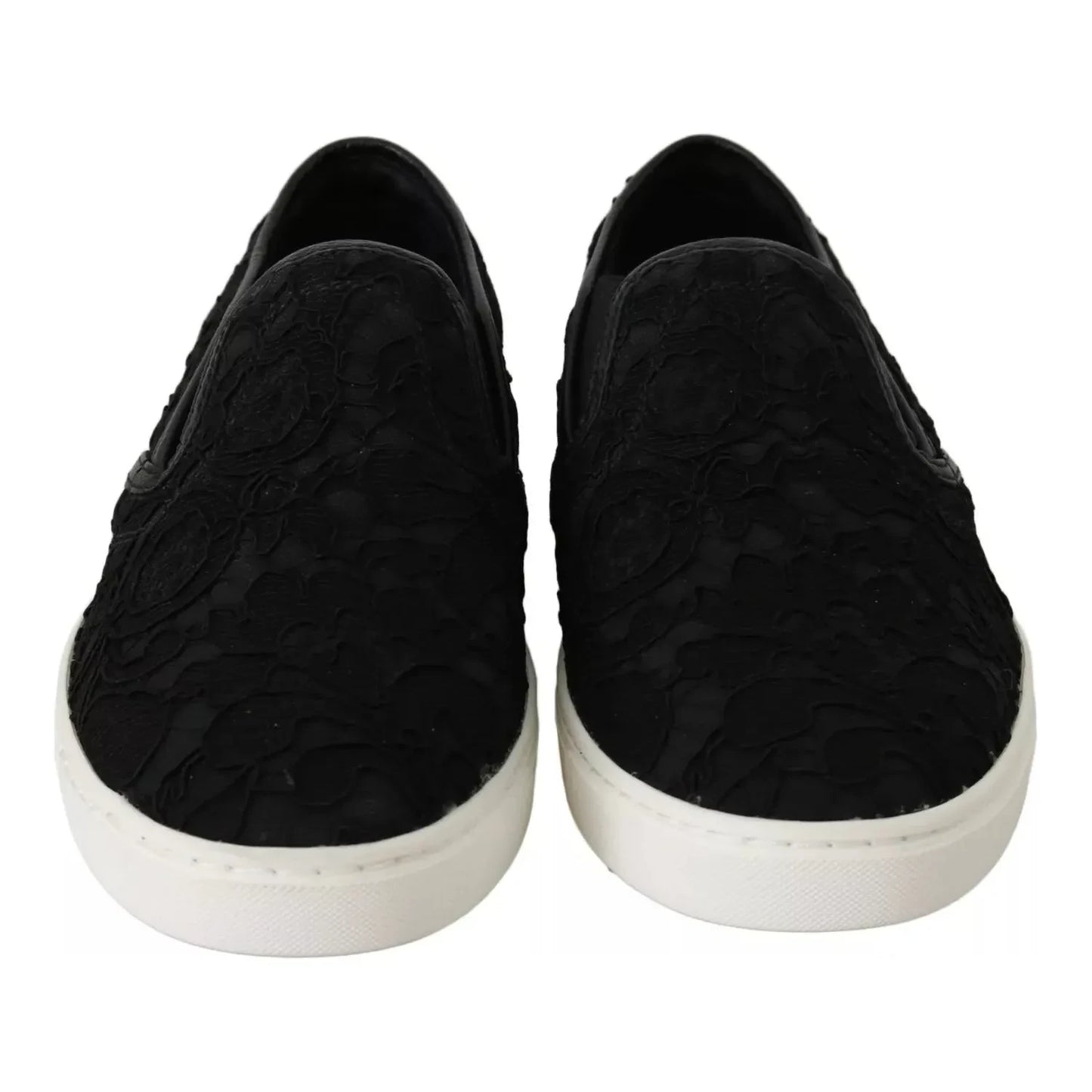 Dolce & Gabbana Black Lace Leather Logo Flat Slip-On Sneakers LA5878