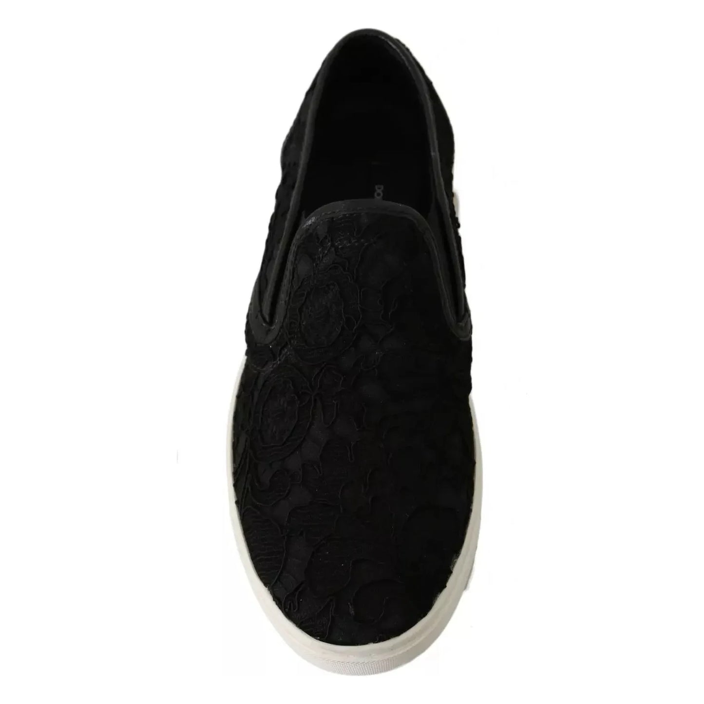 Dolce & Gabbana Black Lace Leather Logo Flat Slip-On Sneakers LA5878