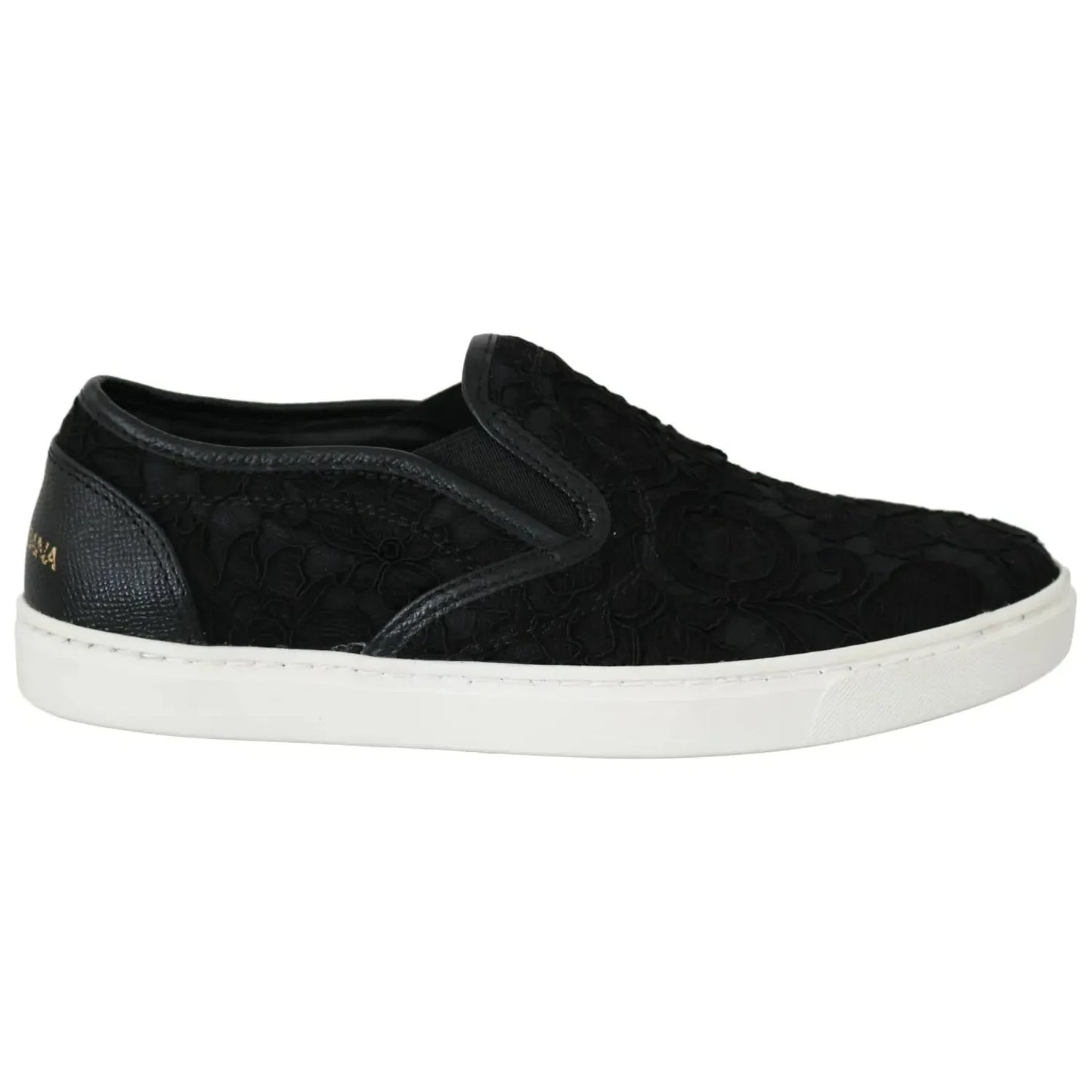Dolce & Gabbana Black Lace Leather Logo Flat Slip-On Sneakers LA5878