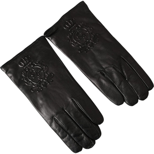 Dolce & Gabbana Black Leather Embossed Logo Short Hands Gloves Dolce & Gabbana Black