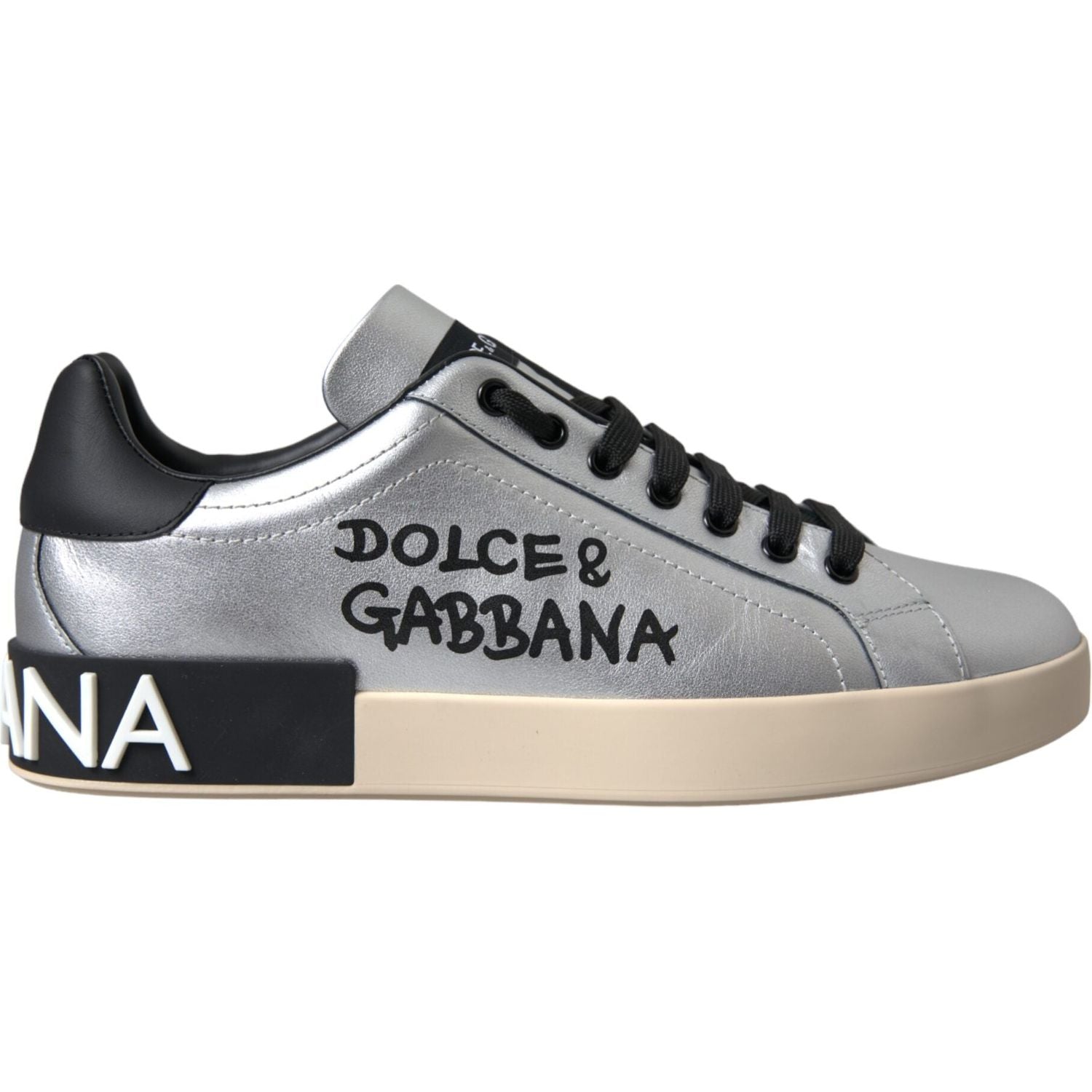حذاء رياضي رجالي من جلد العجل من Dolce &amp; Gabbana Portofino باللون الفضي
