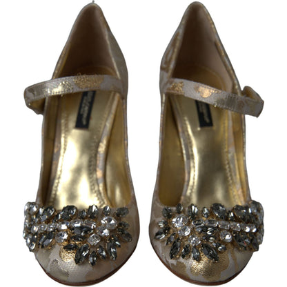Dolce & Gabbana Gold Jacquard Crystal Mary Janes Pumps Shoes