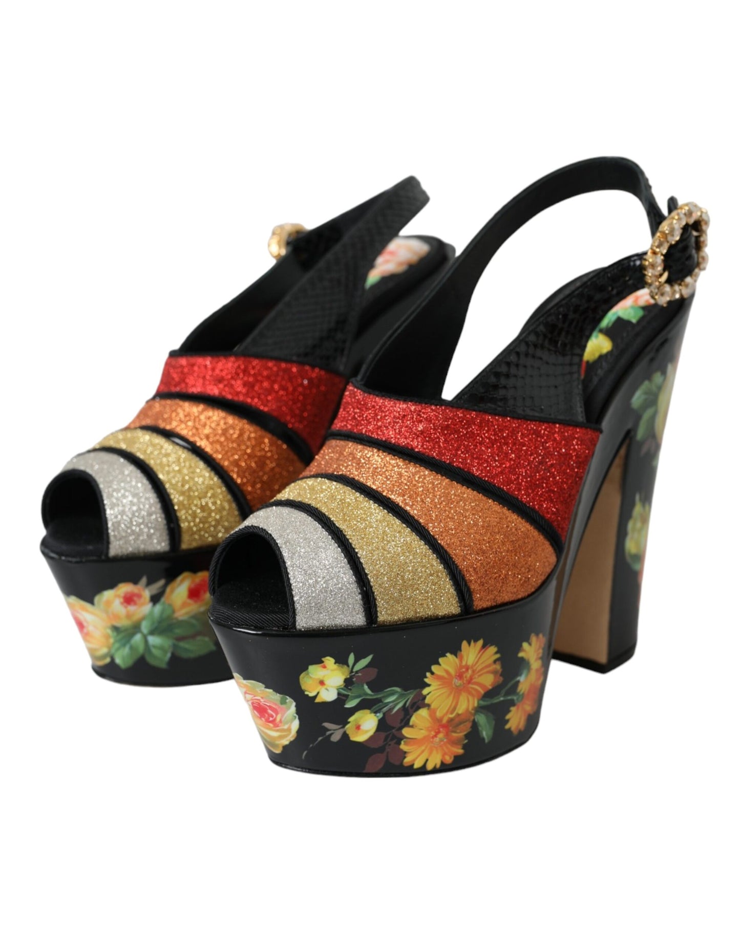 Dolce & Gabbana Multicolor Floral Crystal Platform Sandals Shoes LA10982-37