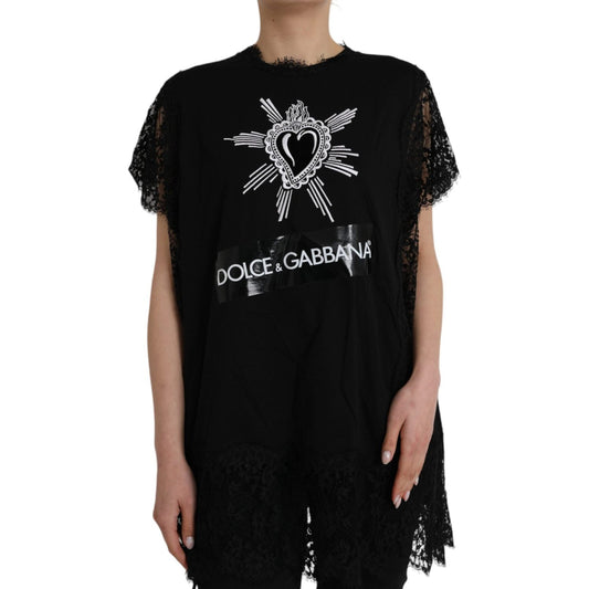 Dolce & Gabbana Black Sacred Heart Print Cotton Lace T-shirt