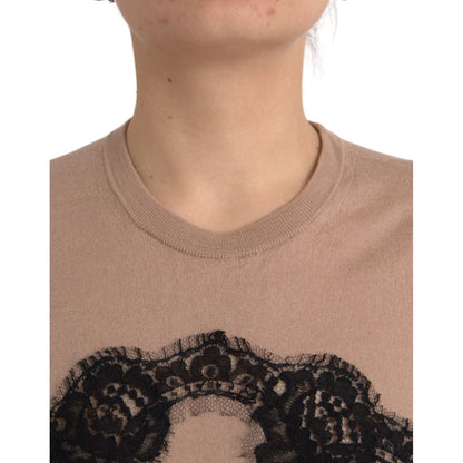 Dolce & Gabbana Brown Wool Black Lace 3/4 Sleeve Blouse Top