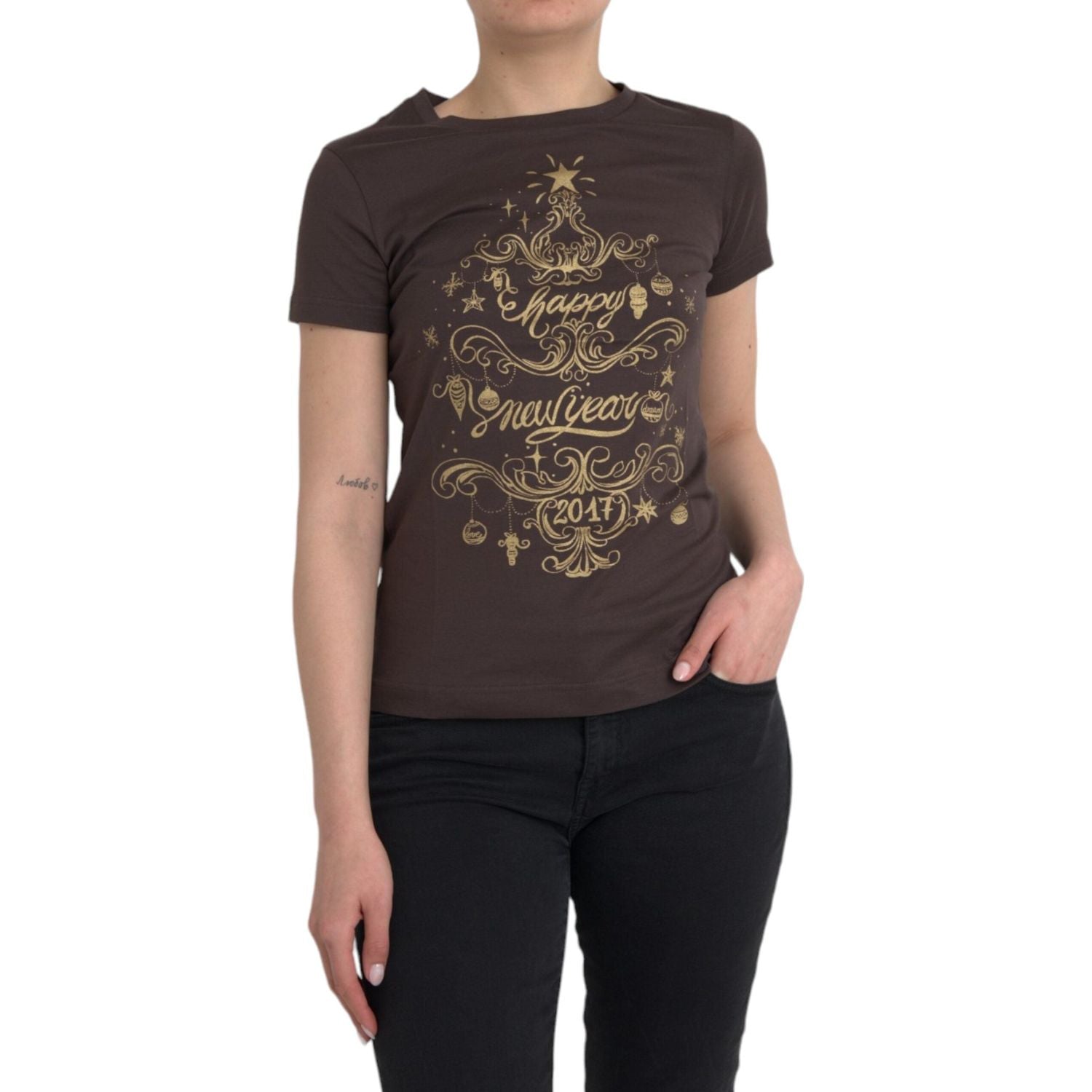 تي شيرت Dolce &amp; Gabbana Brown Crewneck 2017 مطبوع عليه Motive