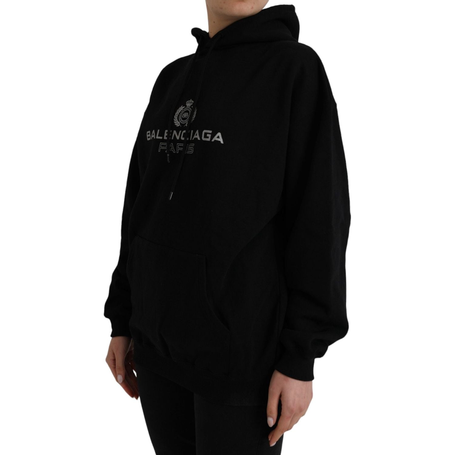 سويت شيرت بغطاء رأس وشعار من Balenciaga مصنوع من القطن باللون الأسود