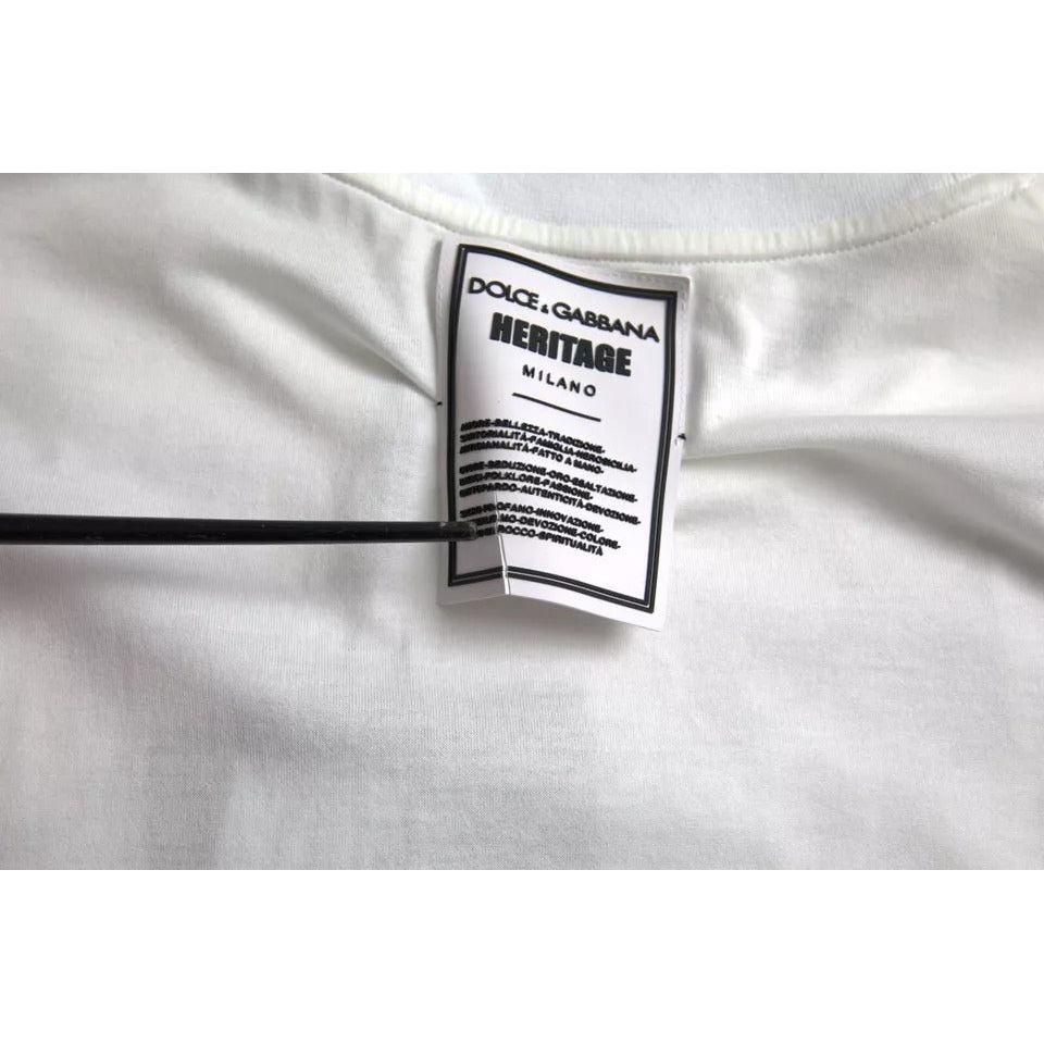 تي شيرت Dolce &amp; Gabbana من القطن بقبة دائرية وشعار تاج الأسد باللون الأبيض