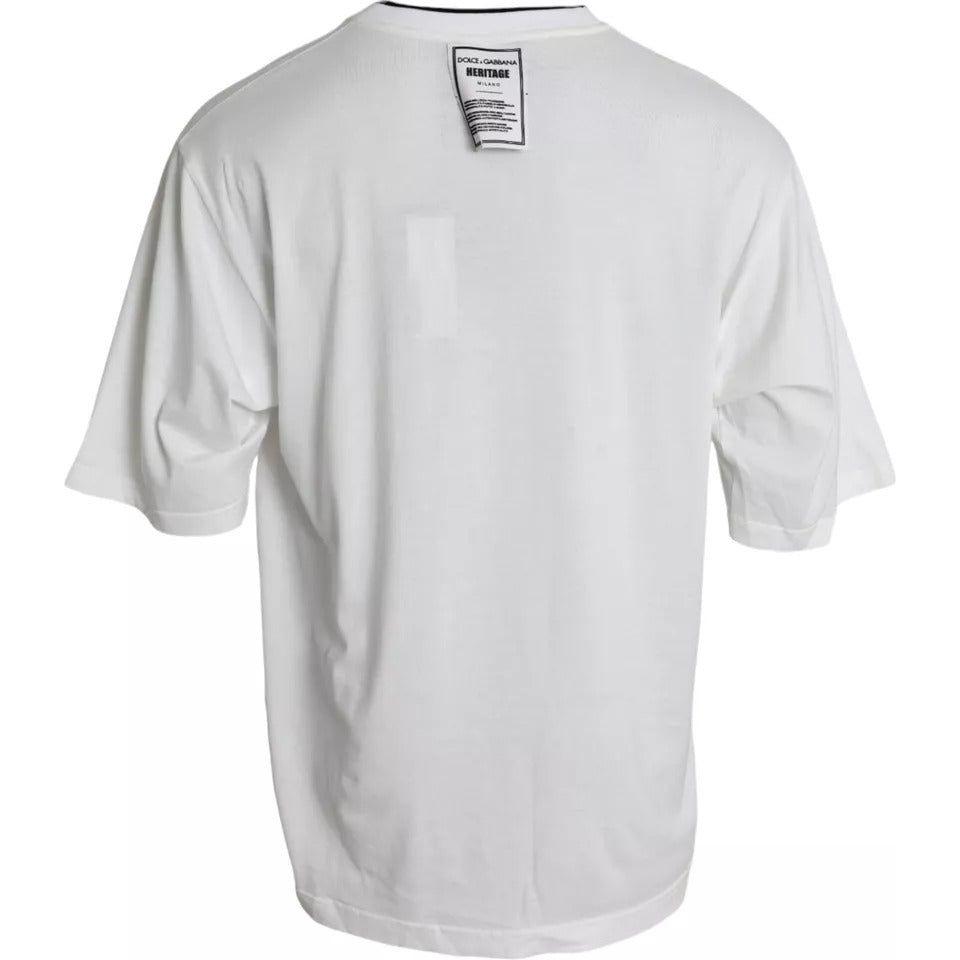 تي شيرت Dolce &amp; Gabbana من القطن بقبة دائرية وشعار تاج الأسد باللون الأبيض