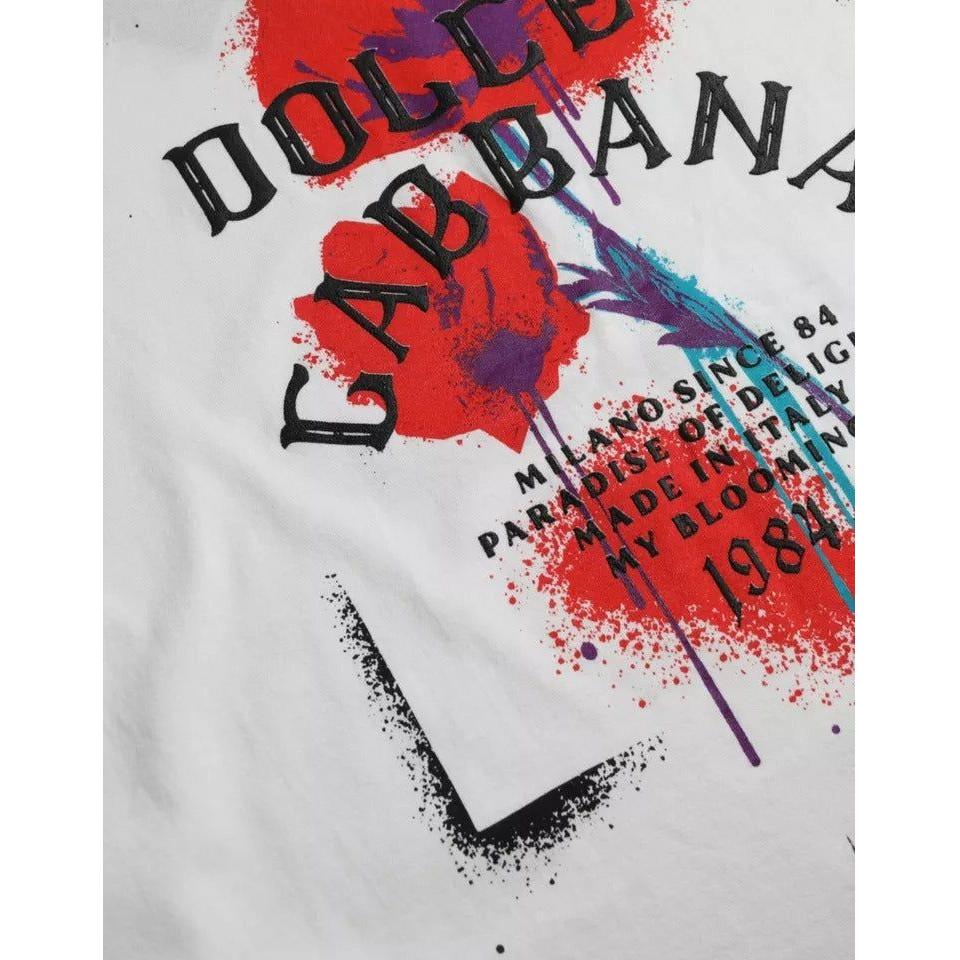 تي شيرت Dolce &amp; Gabbana أبيض من القطن بطبعة شعار الأزهار ورقبة دائرية