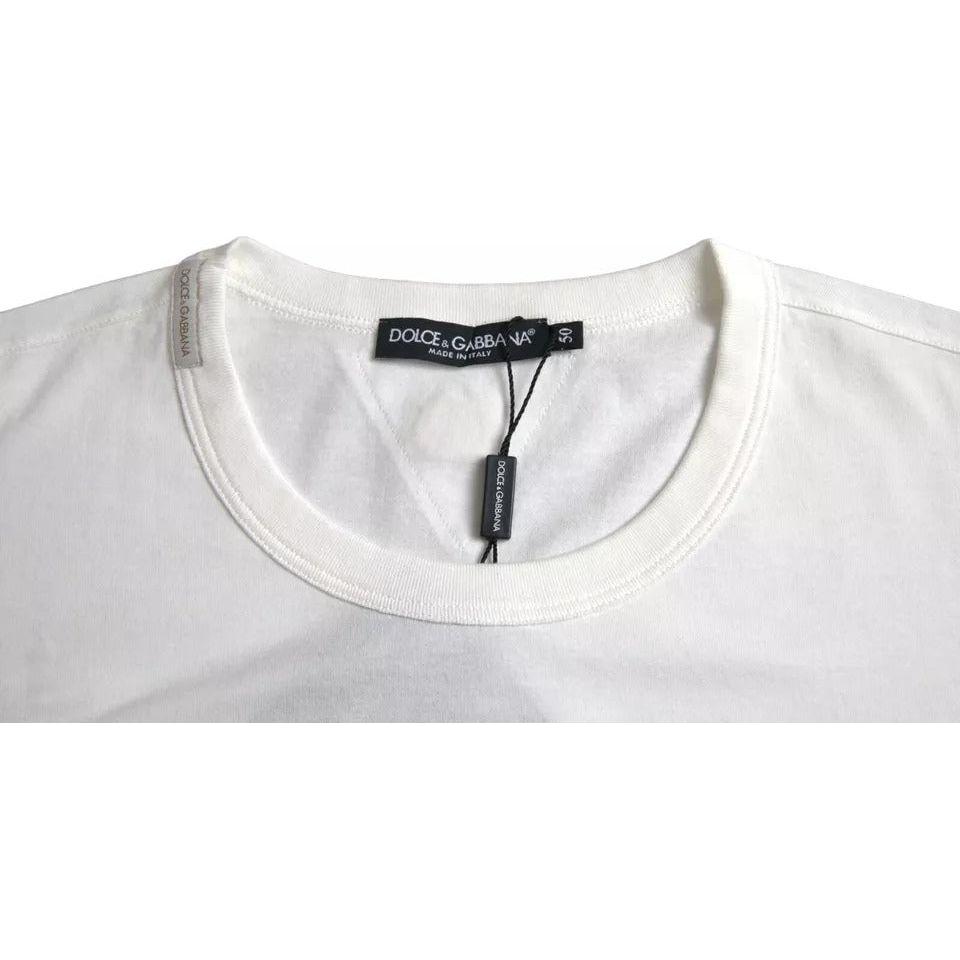 تي شيرت Dolce &amp; Gabbana أبيض من القطن بطبعة شعار الأزهار ورقبة دائرية