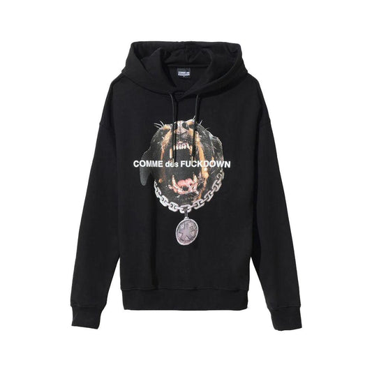 Comme Des Fuckdown black cotton hoodie with dog print and drawstring front view