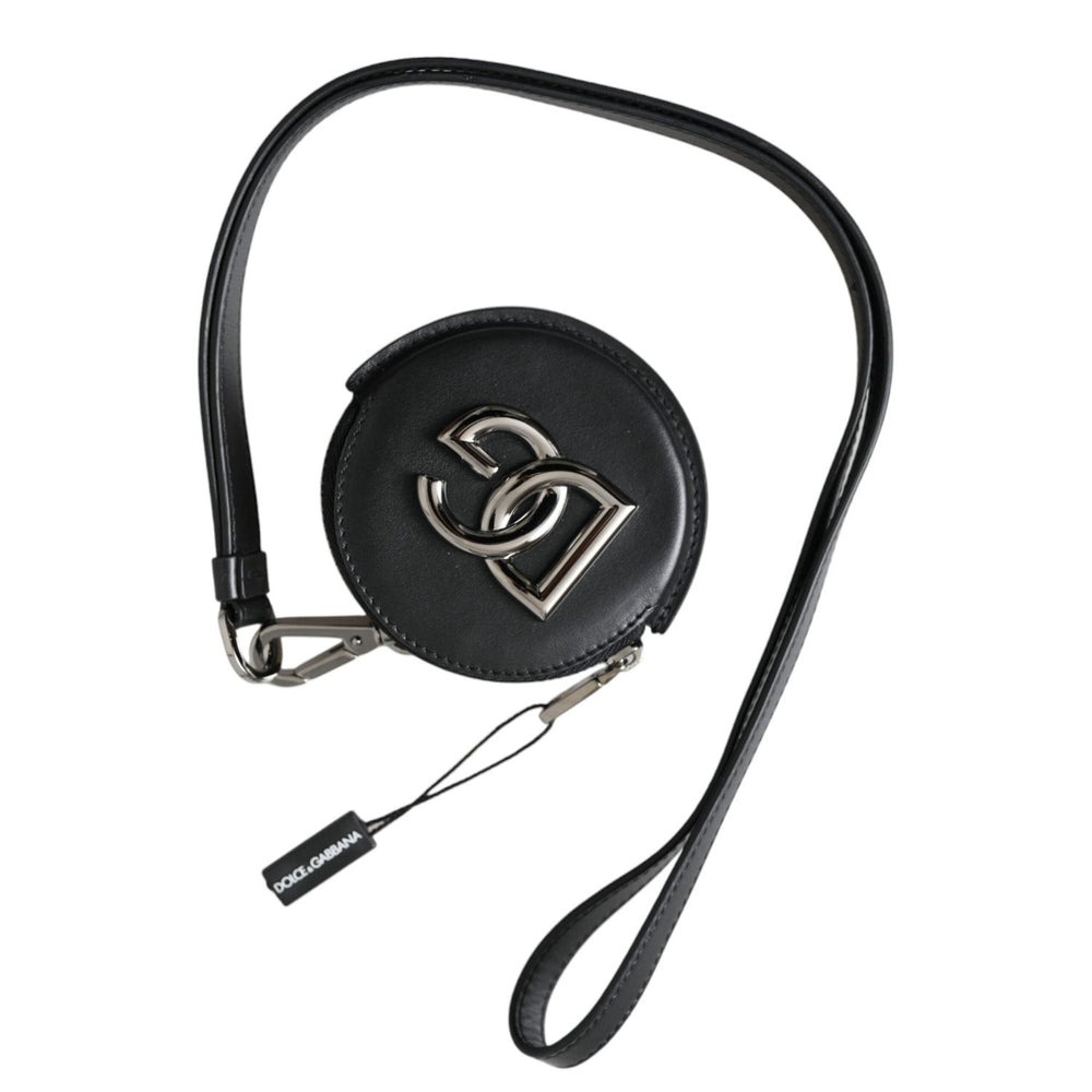 Dolce & Gabbana Black Round Leather DG Logo Coin Purse Lanyard Wallet SMY10334