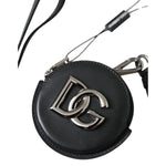 Dolce & Gabbana Black Round Leather DG Logo Coin Purse Lanyard Wallet SMY10334