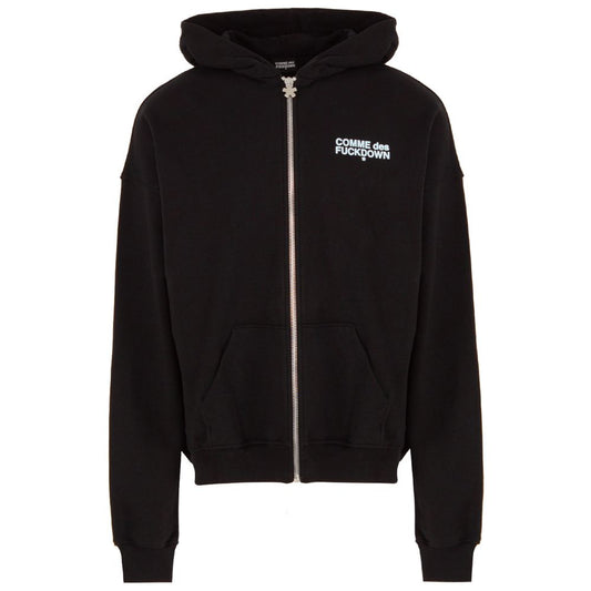 Comme Des Fuckdown black cotton sweater with hood, zipper, and logo on chest