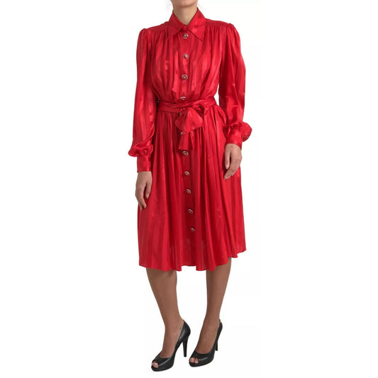Dolce & Gabbana Red Button Down Belted Midi Satin Silk Dress