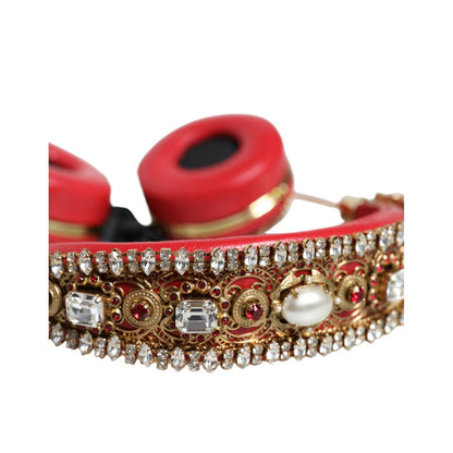 Dolce & Gabbana Red Nappa Leather Floral Crystal Headphone
