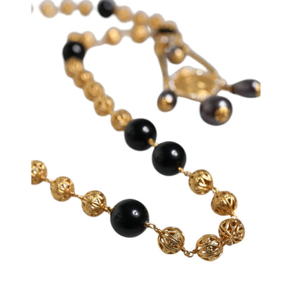 Dolce & Gabbana Gold Chain Brass Black Beaded Rosary Style Necklace