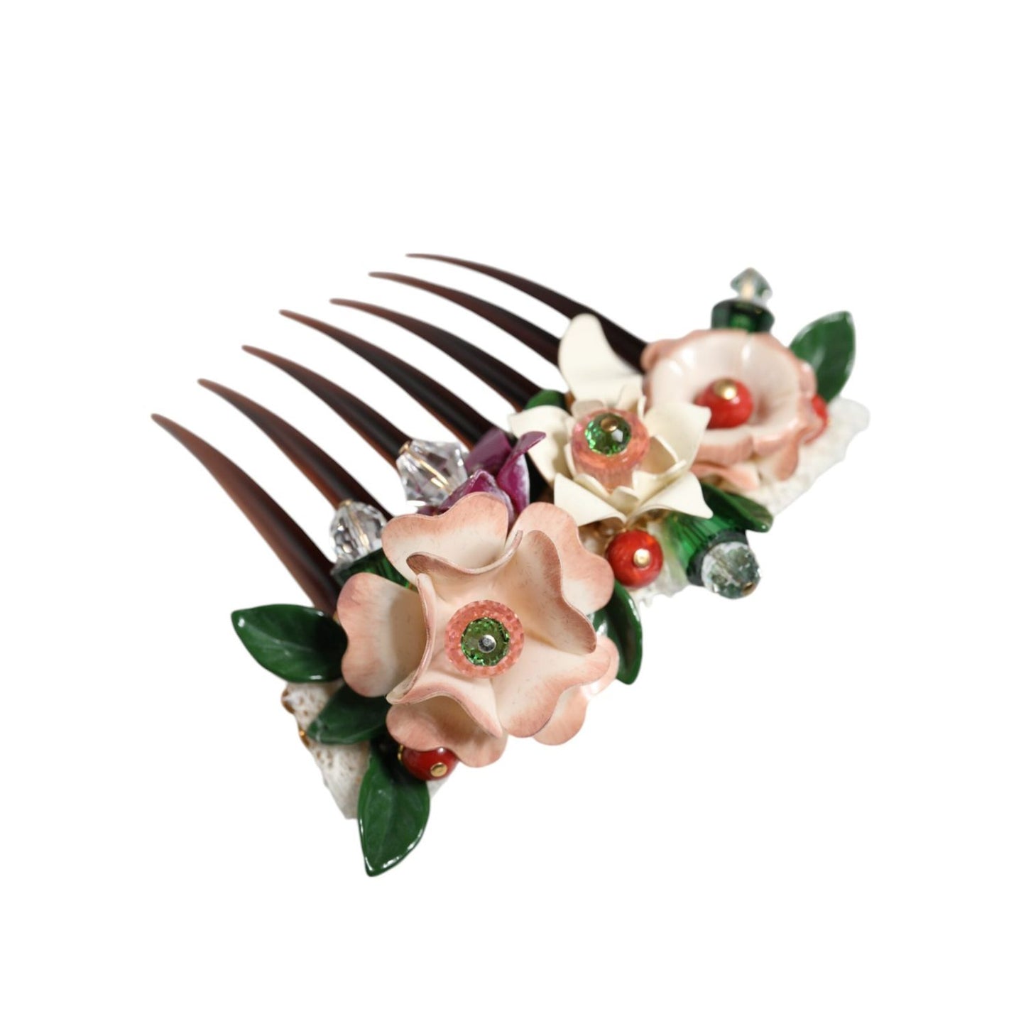 Dolce & Gabbana Brown Plastic Crystal Floral Women Hair Comb