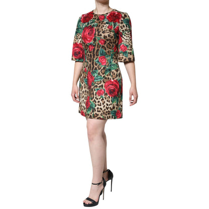 Dolce & Gabbana Brown Leopard Red Roses Cotton A-line Dress