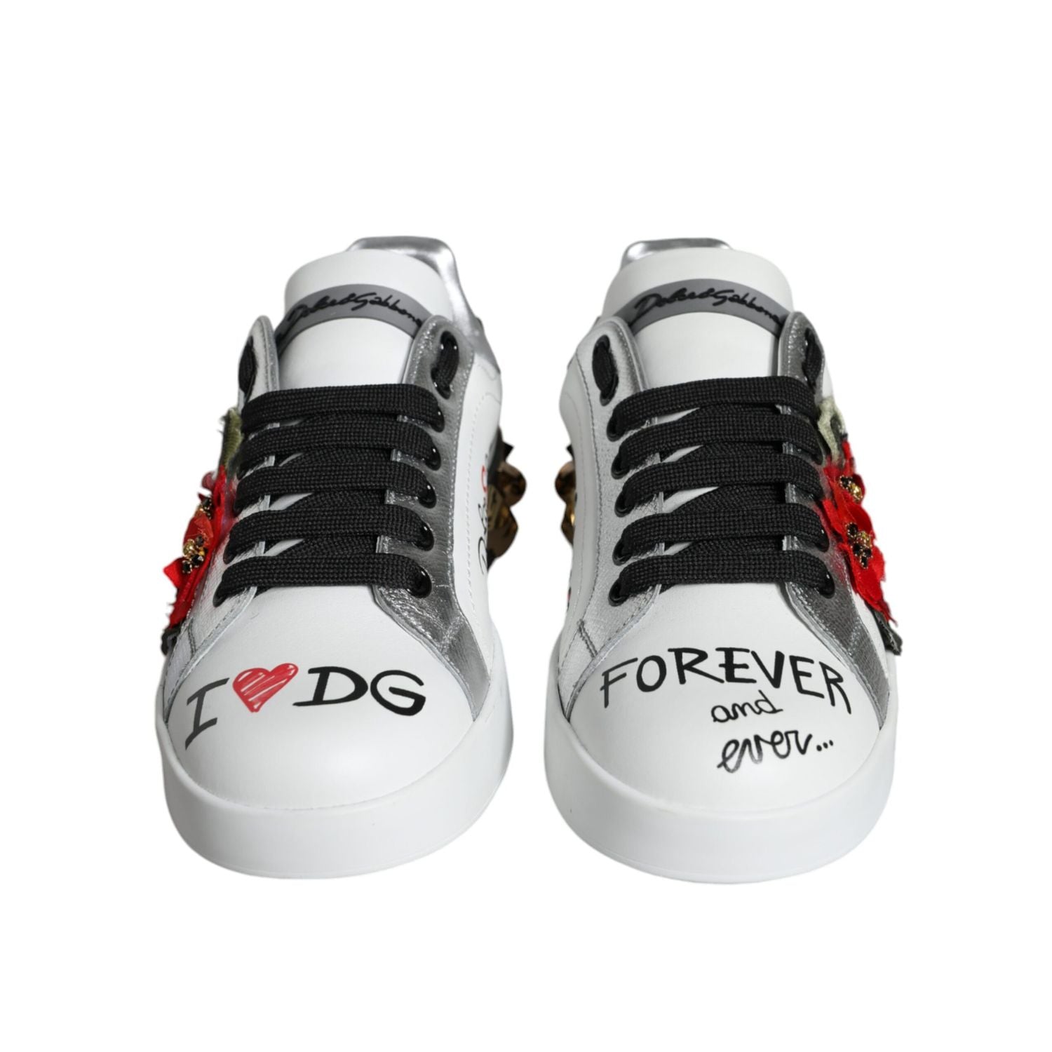 Dolce & Gabbana White Leather Floral Studded Sneakers Shoes