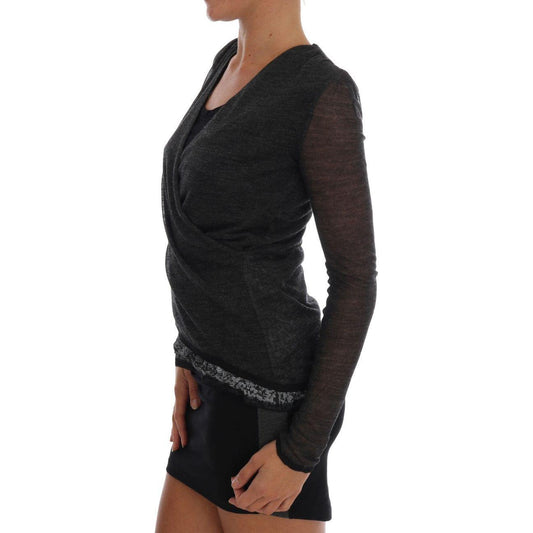 Ermanno Scervino Chic Gray Lace Sleeve Blouse Ermanno Scervino Black