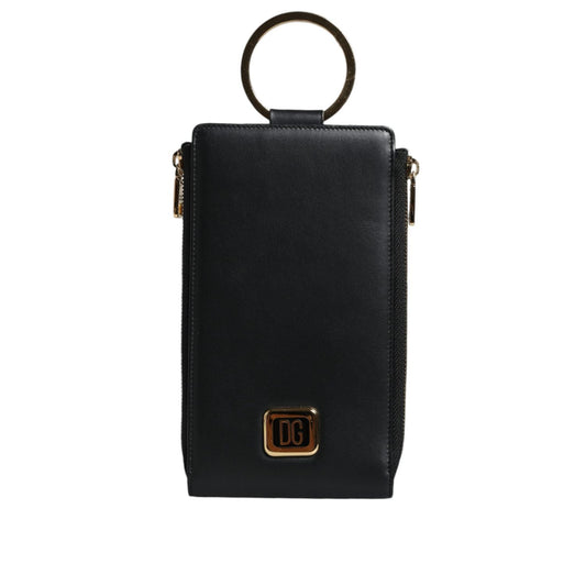 Dolce & Gabbana Black Leather Logo Plaque Neck Strap Card Coin Wallet BAG4127