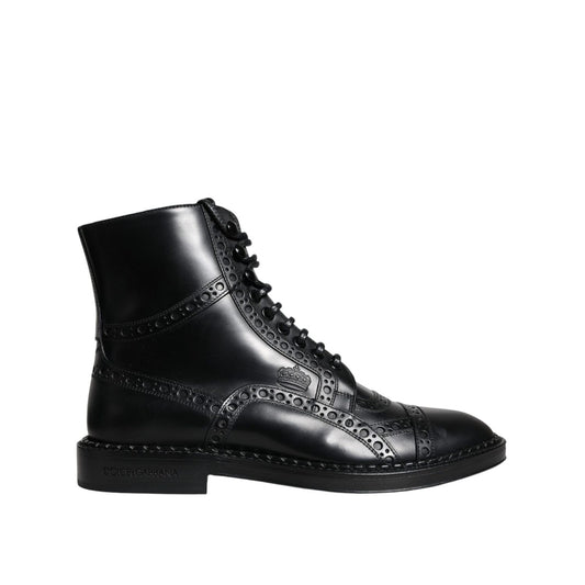 Dolce & Gabbana Black Leather Lace Up Mid Calf Boots Shoes