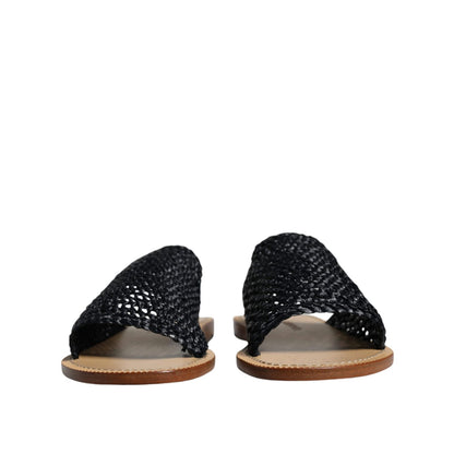 Dolce & Gabbana Black Monochrome Braided Raffia Slides Shoes