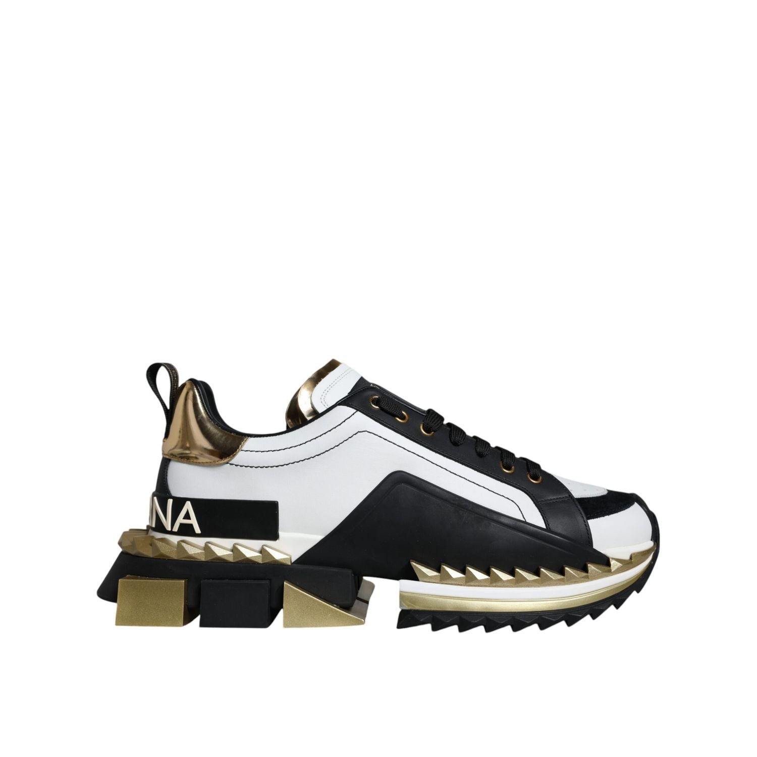 Dolce & Gabbana White Gold Black Leather SUPER KING Sneakers Shoes