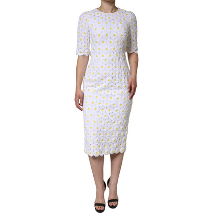Dolce & Gabbana White Daisy Macrame Lace Sheath Midi Dress