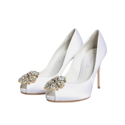 Dolce & Gabbana White Crystals Peep Toe Satin Pumps Shoes