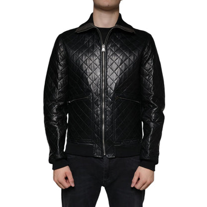 Dolce & Gabbana Black Calf Leather Quilted Full Zip Jacket