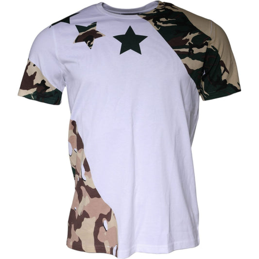Dolce & Gabbana white T-shirt with green star and camouflage print, crew neck and short sleeves, 100% cotton, made in Italy.