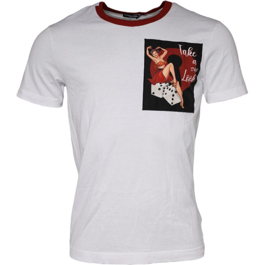 Dolce & Gabbana white cotton t-shirt with graphic print and 'Take a Leap' text, crew neck, short sleeves, regular fit, made in Italy.
