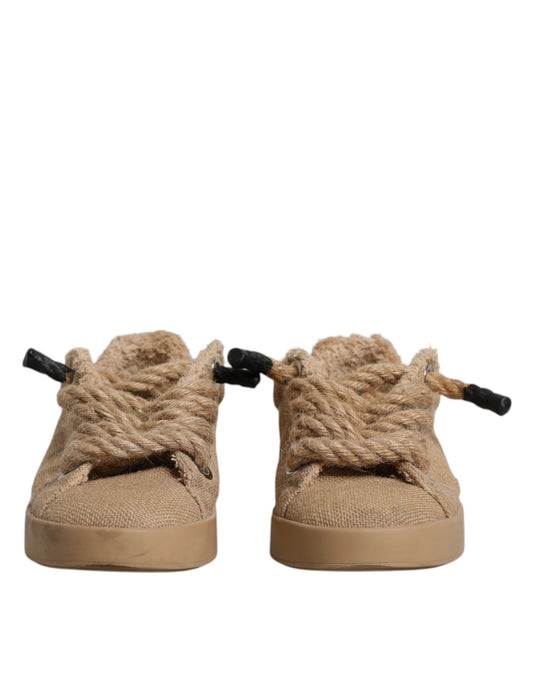 Dolce & Gabbana Brown Jute Fabric Low Top Men Sneakers Shoes Dolce & Gabbana Rosy Brown